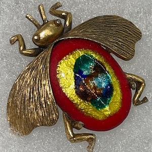 Vtg Whimsical Figural Brilliant Colorful Czech Glass Brass Bee Red Yellow Blue Purple Beauty A  Gorgeous Brooch  From Days gone By!
