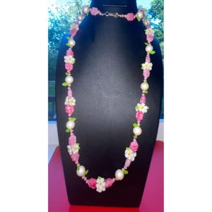 Vintage Hong Kong Floral Necklace Pink White Green Beads Faux Pearls Early Plastics 1960s
