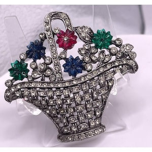 Vintage Art Deco Floral Basket Molded Glass Brooch Rhodium-Plated With Sparkling Rhinestones
