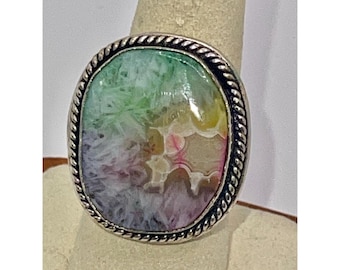 Sz 8 Rainbow Quartz Ring With Sterling Silver Rope-Style Setting - Unique Multicolor Design