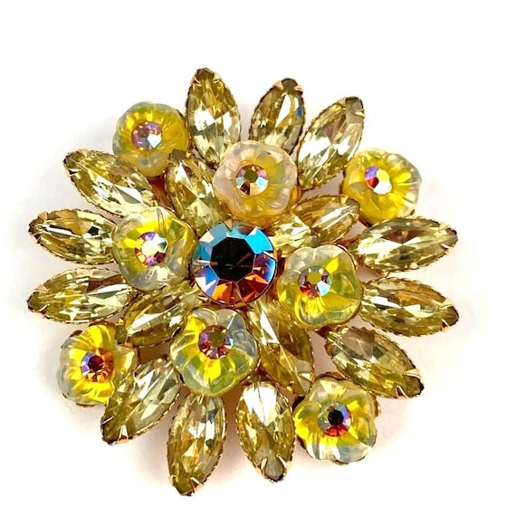 Broche Vintage Couronne En Cristaux Boréalis Couleur Or - Bijou Occasion, Sans Marque