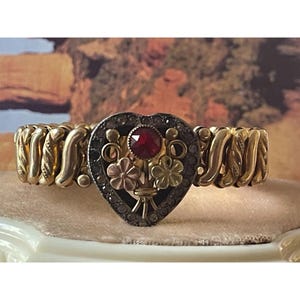 Vintage  D.F.B. Co Carmen Heart Expansion Gold Fill Bracelet Ruby Red Gem Glass Accent Made In USA