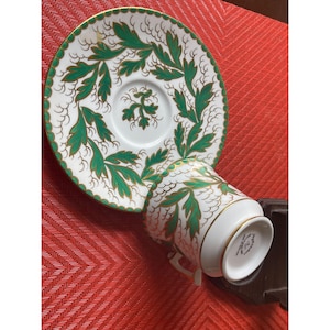 Royal Chelsea Porcelain Tea Cup & Saucer Green Gold Leaf Design