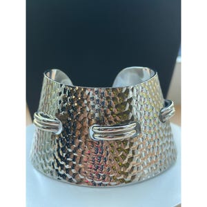 Wide Silver-Tone Hammered Cuff Bracelet With Unique Textured Design & Horizontal Bar Accents