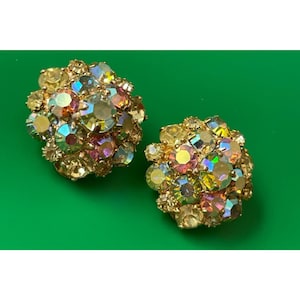 Vintage weiss goudkleurige Aurora Borealis strass clip-on oorbellen