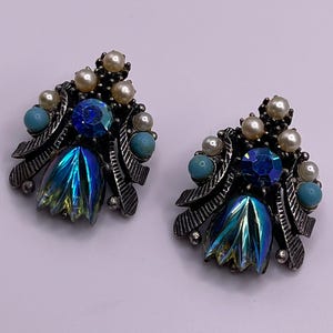 Vtg  Florenza Tulip Art Glass Aurora Borealis, Crystal, Faux Pearl,  Gold Plated Earrings.Costume Jewelry Mid Century Modern Schreiner Era