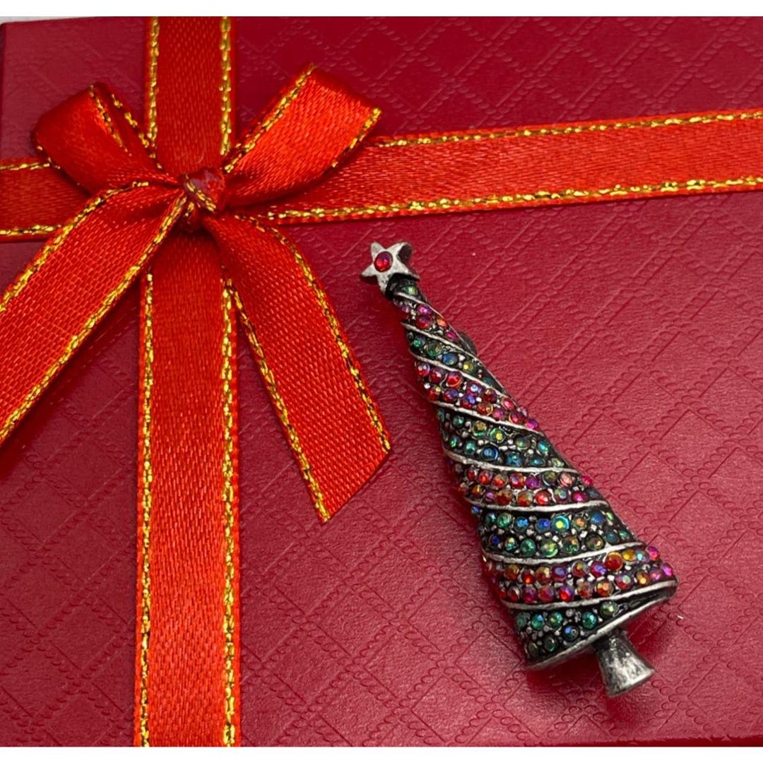 Vtg Unsigned Cookie Lee Rhinestone Slender Christmas Tree Brooch Pin ...