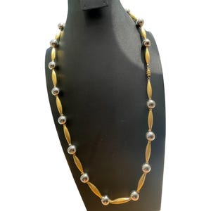 1990s Textured Gold & Silver-Tone Tube Bead Necklace With Barrel Clasp