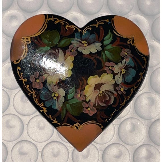 Broche Vintage Signée Peceur - Laque Noire Avec Peinture Fleurie - Environ 6,3 Cm - Occasion