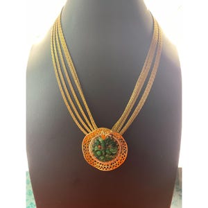 Vtg Mid Century Modern Faux Jade Pendant Necklace W/ Multi-Chain Gold-Tone Design & Fancy Clasp