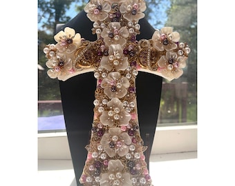Lg Handcrafted Art Jewelry Cross Wall Hanging Tabletop Faux Pearls & Gold  Purple Amethyst Accents - Floral Design~Decor Great Gift Idea!