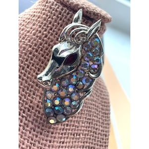 May include: Silver-toned horse head brooch with iridescent crystal accents. The horse's eye is a deep red color. The brooch is set against a textured, light brown background.