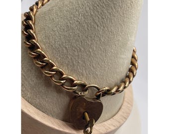Antique Victorian 7L  Gold Fill Curb Link Chain Bracelet w Heart Lock Key F&B Signed