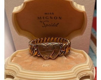 Vtg WWII Phoenix Speidel Etched GF Sweetheart Double Heart Expansion Bracelet