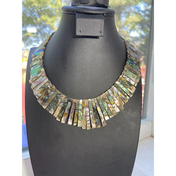 Abalone Shell Necklace With Multicolor Trapezoid Beads & Toggle Closure - Reflective  Unique Statement Jewelry