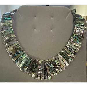 Pode incluir: Um colar de concha de abalone iridescente exibido em um busto cinza. O colar apresenta pe&ccedil;as retangulares de concha em tons de verde, azul e prata. Uma pe&ccedil;a marcante com um design marcante.