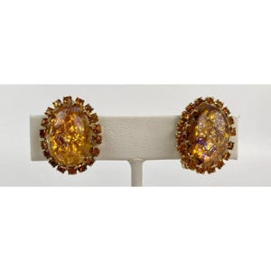 Vintage Gold-Tone Oval Clip-On Earrings With Glittery Foil Glass & Amber Rhinestone Accents