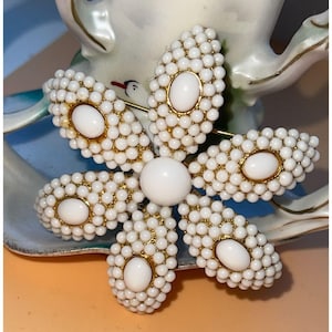 Vtg White Floral Milk Glass Brooch Gold Accents Oval Cabochons MCM Pin Schreiner Era Jewelry Lg Statement Brooch Gift Idea Collectible