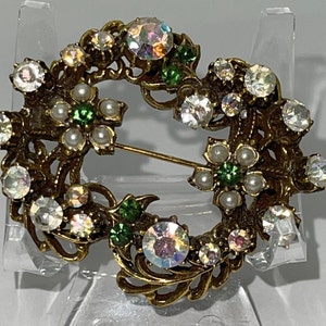 One of a kind gift idea! Great Gift Idea Florenza Signed Victorian Style Faux Pearl Green Aurora Borealis Rhinestone Gilt Oval Brooch