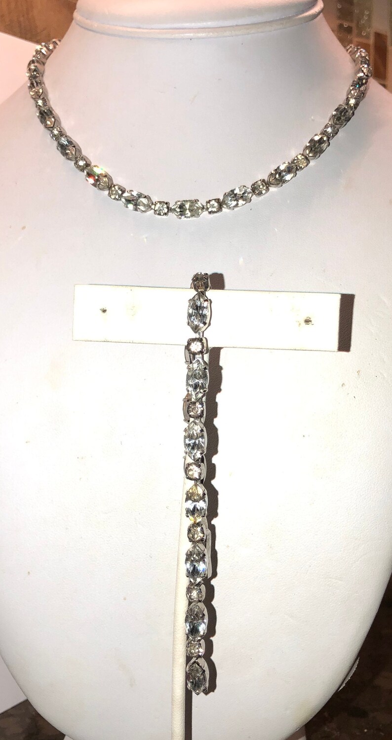 1950s Vintage Unsigned CLEAR Rhinestone Glass Rhodium Based Necklace /& Bracelet Stunning Beauty Ready for the Upcoming Holidays!