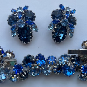 Great gift! Vtg Schreiner Era Ben Reig Rhinestone Blue Earrings Schreiner Blue Prong Set Bracelet Two Gorgeous Collectible Beauties