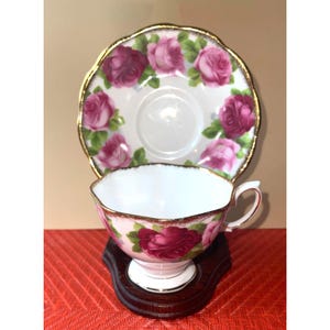 Royal Albert Bone China Tea Cup & Saucer Set Old English Rose Design Gold Trim Pink Deep Fuchsia Collectible Set