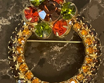 Great Gift Idea Vtg MASSIVE Sparkling Glass Prong Set Bronze Orange Emerald Green Amber Gold color Multi-Faced Brooch Pin Glamorous Piece