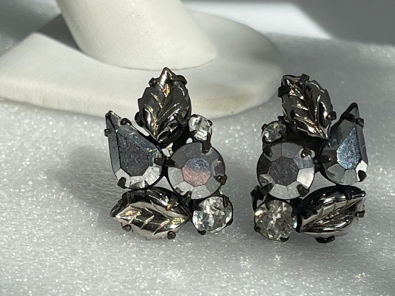 GLAMOROUS Vintage Regency Gunmetal Molded Art Glass Earrings Exquisite Stunning Earrings For Special Occasions