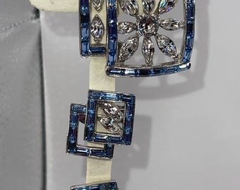 Vtg  Brilliant Blue Clear Baguette Marquis Glass Brooch Earrings MCM Costume Glass Stone Set Great Gift Mother's Day Birthday Anniversary