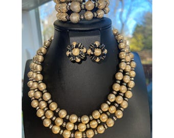 Vintage Vendome Parure Necklace Bracelet & Earrings Set With Gold-Tone Textured Beads Aurora Borealis Rondelles