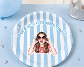 Blue Striped Custom Photo Paper Plates, Personalized Face and Text Disposable Plates, 7 inch 9 inch, Kids Birthday Party Tableware