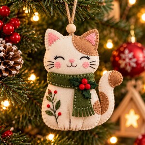 May include: A felt cat ornament featuring a cream-colored body with brown patches, pink ears, and rosy cheeks. The cat wears a dark green scarf adorned with red berries and green leaves, with a sprig of red berries and leaves on its side.