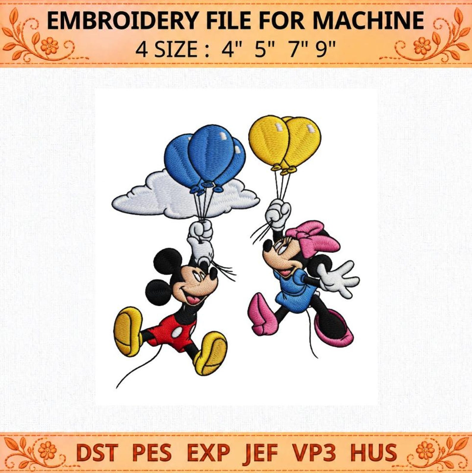 Mickey and Minnie Balloon Embroidery Design, Flying Couple Cartoon ...