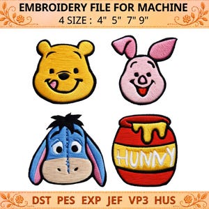 Winnie the Pooh Embroidery Design Set, Piglet Eeyore Hunny Pot Machine Embroidery File, PES DST JEF Instant Download, 4 5 7 9 Inch Hoop