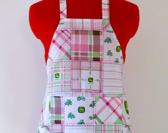 SALE - Kids Apron - Pink Plaid John Deere Childrens Apron - Childs Apron - Kitchen Accessory