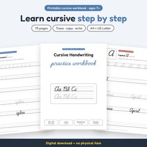 Op de afbeelding: Een printbaar werkboek voor cursief handschrift met 70 pagina's voor kinderen vanaf 7 jaar. De digitale download bevat A4- en US Letter-formaten met oefeningen voor het overtrekken, kopiëren en schrijven van letters zoals i en a, en woorden zoals ink, igloo en April.