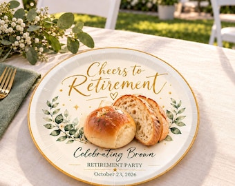 Personalized Paper Plates for Retirement Party, Cheers to Retirement Party Supplies, Custom Name and Date