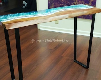 Resin Ocean Console Table on Live Edge Wood