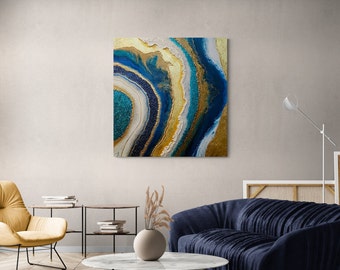 Epoxy Resin Geode Artwork, Blue and Gold Agate Slice, Extra Large Boho Wall Decor
