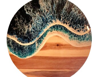 Epoxy Ocean Wave Lazy Susan 18" Turntable, Resin on Wood, Mothers Day Gift, Charcuterie Board