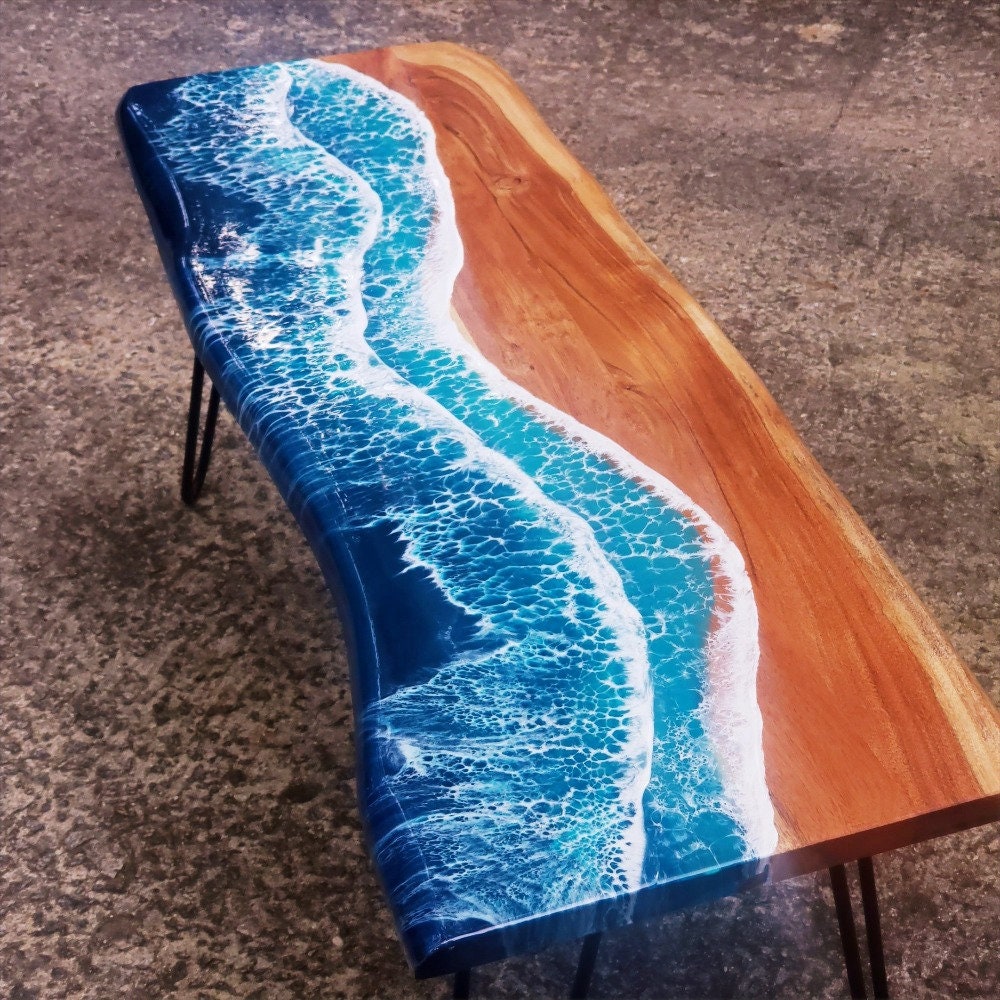 Epoxy Resin Ocean Bench 42 In. Live Edge Wood Etsy