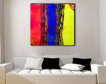 Epoxy Resin Artwork, Primary Colors on Large Canvas, Abstract Painting