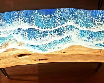 Ocean Waves Bench | Handmade Epoxy Resin and Acacia Wood | Live edge, 36" long