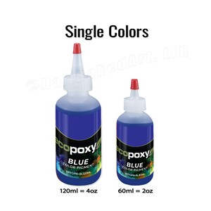 May include: Two bottles of blue color pigment, labeled "ecopoxy BLUE COLOR PIGMENT." The larger bottle contains 120ml, equivalent to 4oz, and the smaller bottle contains 60ml, equivalent to 2oz. The bottles have white bodies, blue labels, and red caps.