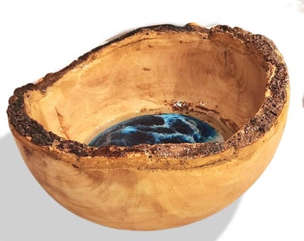 Epoxy Ocean Waves in Live Edge Wood Bowl, Beach Inspired, Epoxy Resin and Wood