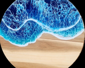 Epoxy Ocean Wave Lazy Susan 18" Turntable, Resin on Wood, Mothers Day Gift, Charcuterie Board