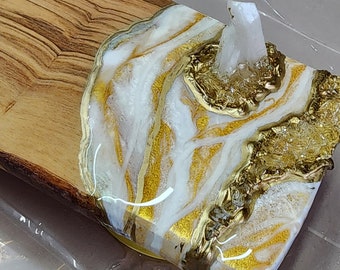 Resin Geode Charcuterie Board, Gift for Her, Pearl and Gold on Olive Wood