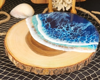 Lazy Susan. Epoxy Resin Ocean Waves on Live Edge Wood. Mothers Day Gift