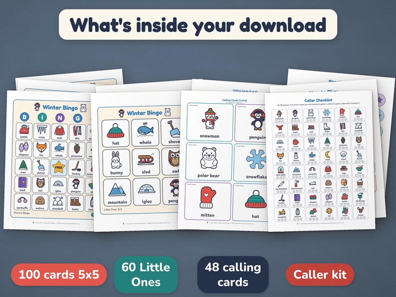 Winter Bingo Printable for Kids | 100 Picture Bingo Cards, Class Party ...