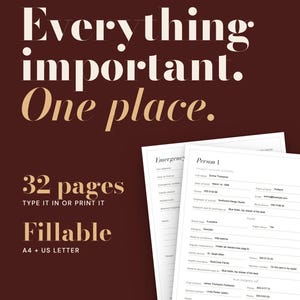 Puede incluir: Una plantilla digital de carpeta de emergencia familiar en color marrón oscuro con texto blanco que dice Everything important. One place. 32 pages, type it in or print it, fillable, A4 + US letter, instant download, y formularios.